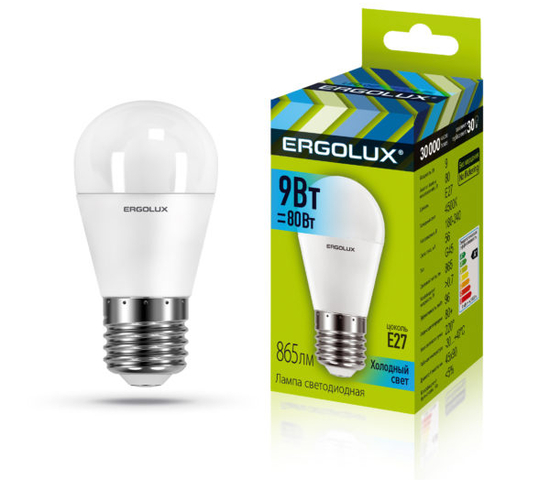 Лампа светодиодная «Ergolux» LED G45  9W, 80Вт (Е27) 4500К «шар» (1/10/100шт)/13177/881996
