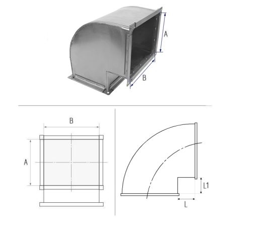 Отвод 90° ш20/ш20 250x150 Оцин. 0,5 R=0 H1=80 H2=80