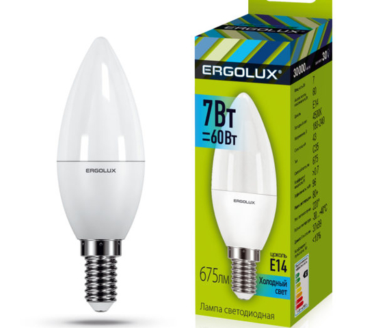 Лампа светодиодная «Ergolux» LED С35  7W, 60Вт (Е14) 4500К «свеча» (1/10/100шт)/12135/874424