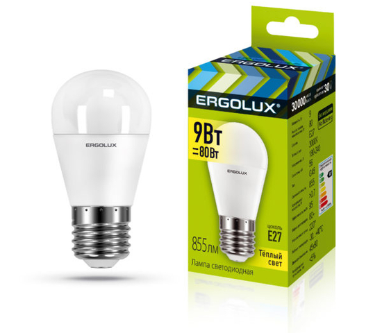 Лампа светодиодная «Ergolux» LED G45  9W, 80Вт (Е27) 3000К «шар» (1/10/100шт)/13176/881989
